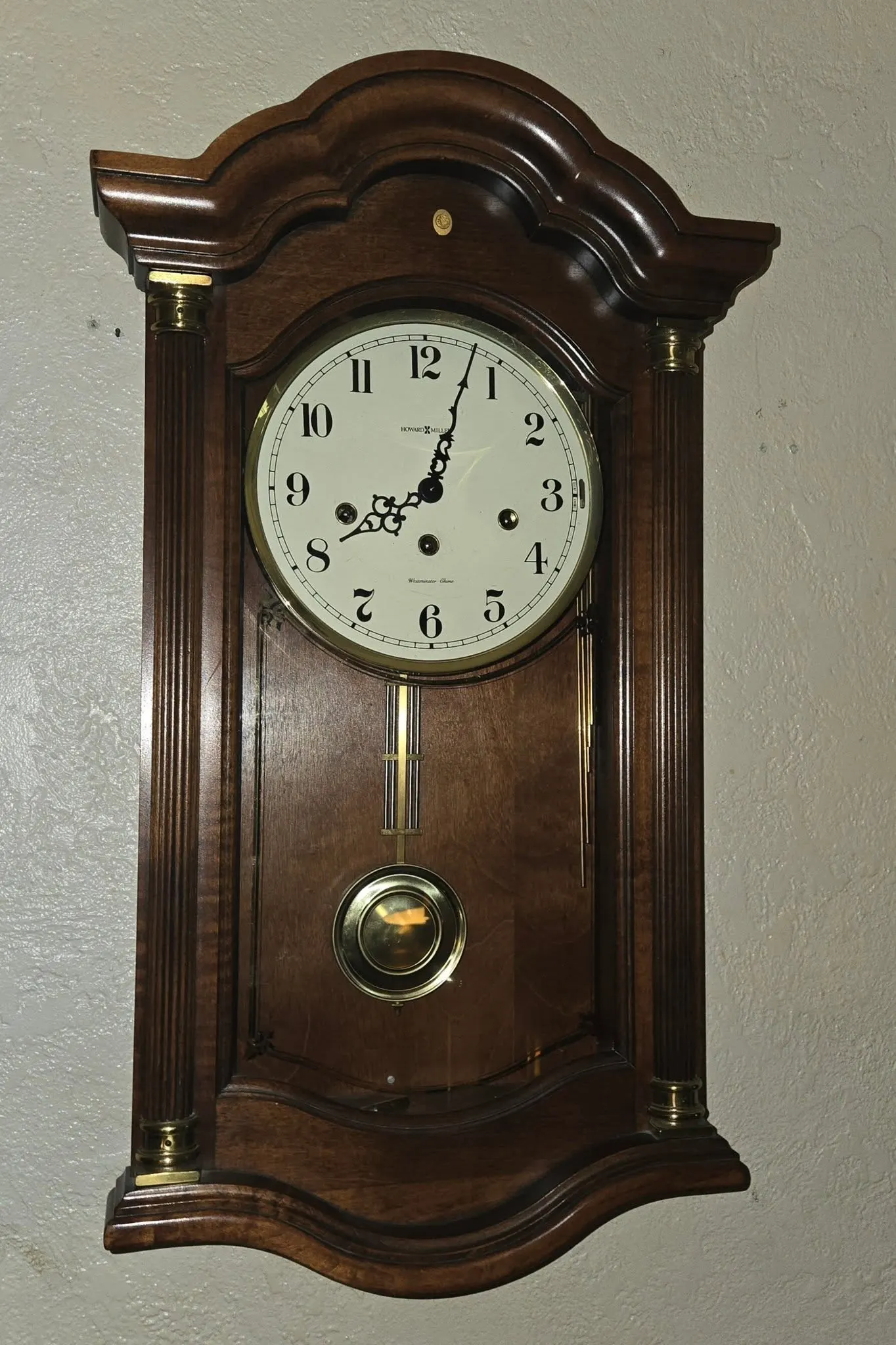 Howard Miller Westminster wall clock in walnut with brass pendulum, restored by Keith